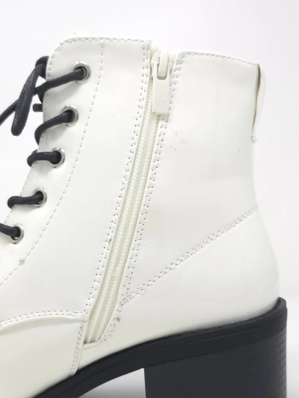 Combat Boots Chunky Heel Lace Up Side Zipper Faux Leather White Pat Ankle Boot - Picture 7 of 12